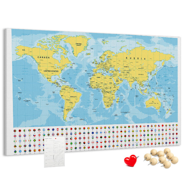 Mapa del mundo con alfileres de colores tablero de corcho decorado
