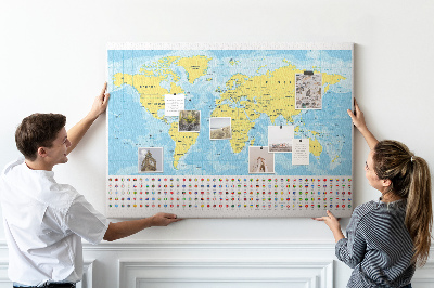 Mapa del mundo con alfileres de colores tablero de corcho decorado