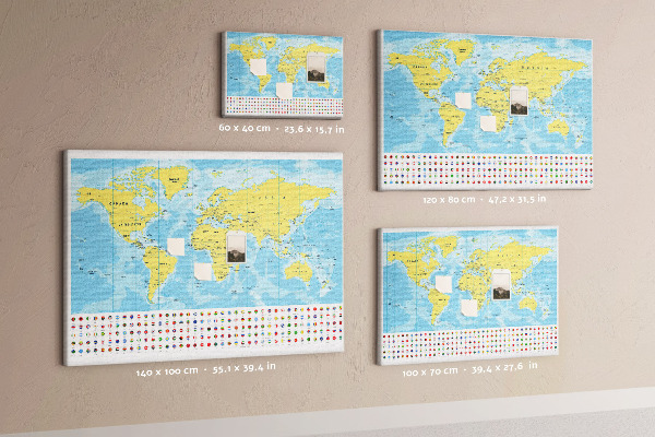 Mapa del mundo con alfileres de colores tablero de corcho decorado