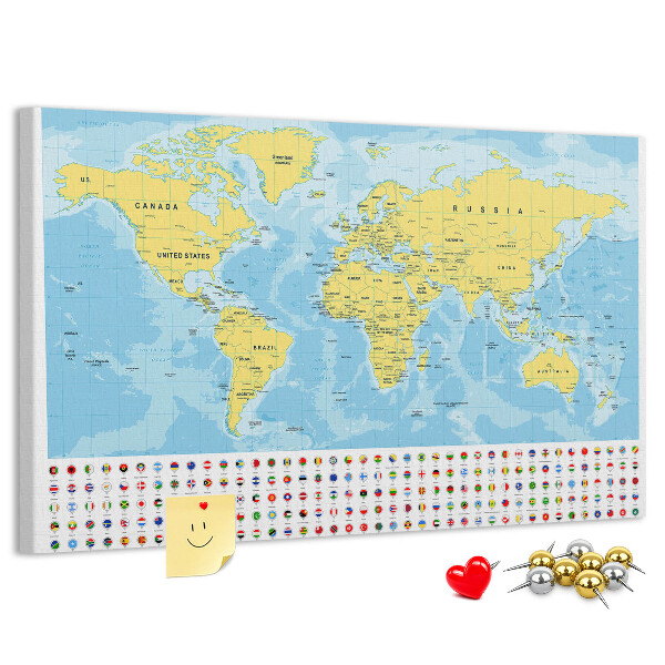 Mapa del mundo con alfileres de colores tablero de corcho decorado