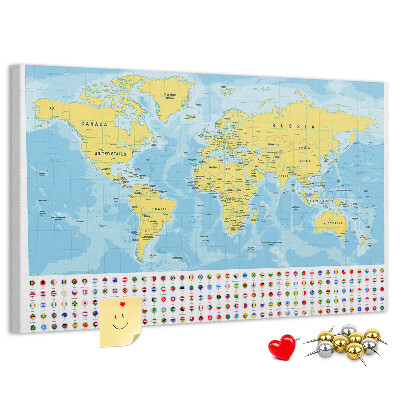 Mapa del mundo con alfileres de colores tablero de corcho decorado