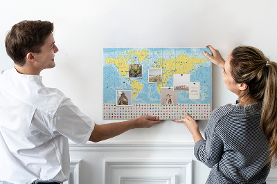 Mapa del mundo con alfileres de colores tablero de corcho decorado