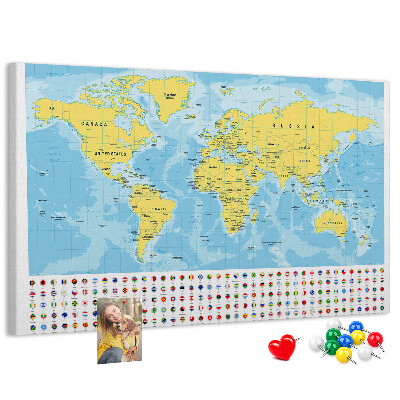 Mapa del mundo con alfileres de colores tablero de corcho decorado