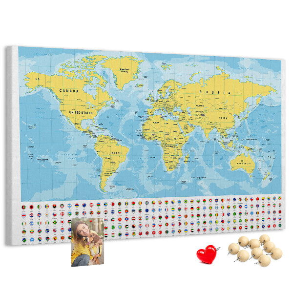 Mapa del mundo con alfileres de colores tablero de corcho decorado