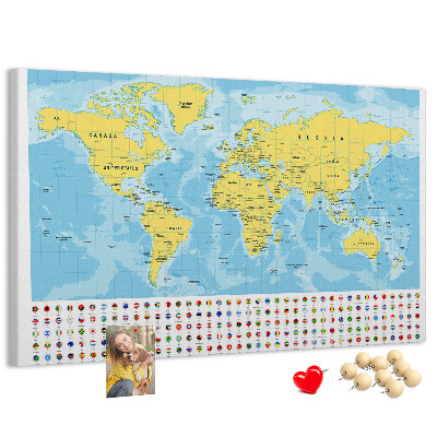 Mapa del mundo con alfileres de colores tablero de corcho decorado