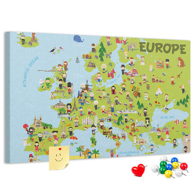 Tablero de anuncios Un colorido mapa de Europa con iconos culturales.
