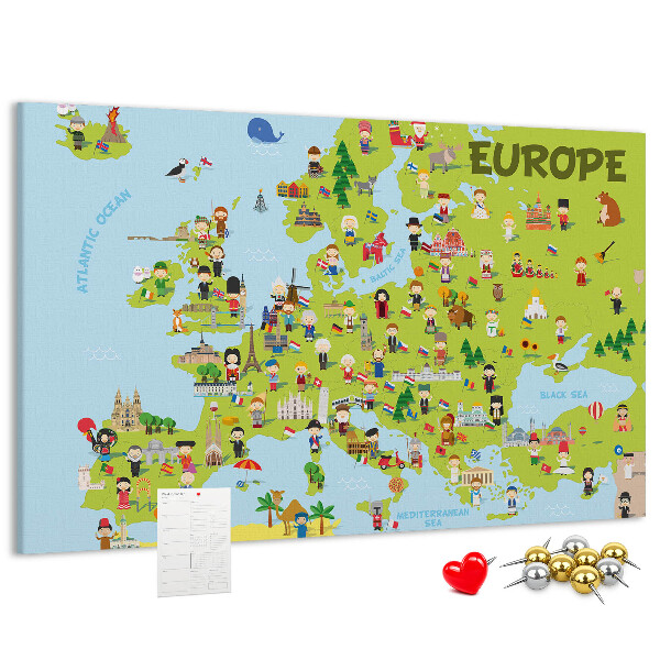 Tablero de anuncios mapa de Europa colorido con iconos culturales