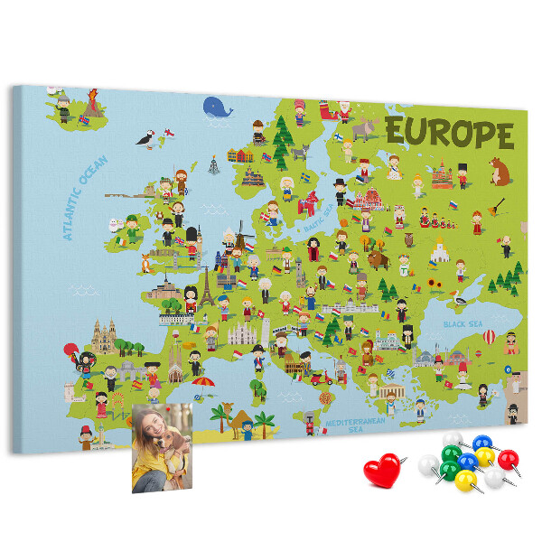 Tablero de anuncios mapa de Europa colorido con iconos culturales