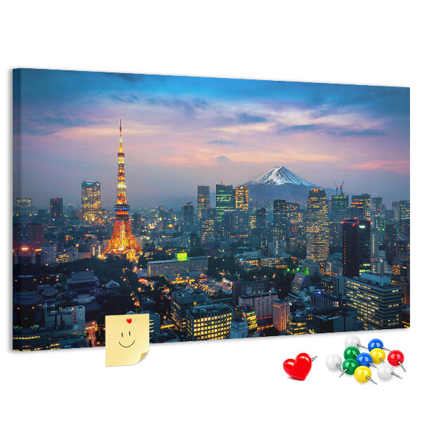 Pizarra de corcho con diseño de puesta de sol sobre Tokio y el monte Fuji