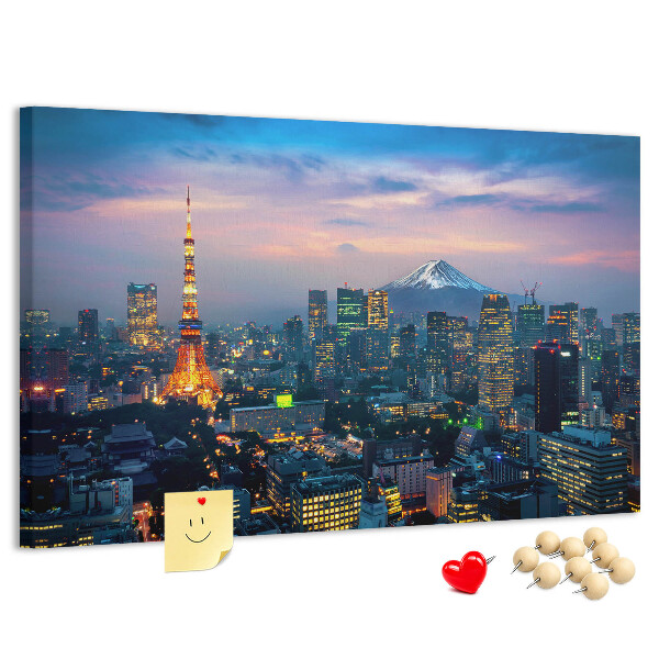 Pizarra de corcho con diseño de puesta de sol sobre Tokio y el monte Fuji