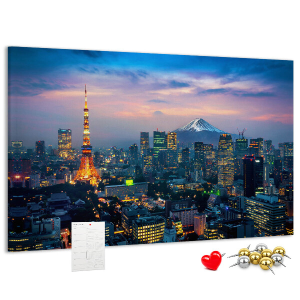 Pizarra de corcho con diseño de puesta de sol sobre Tokio y el monte Fuji