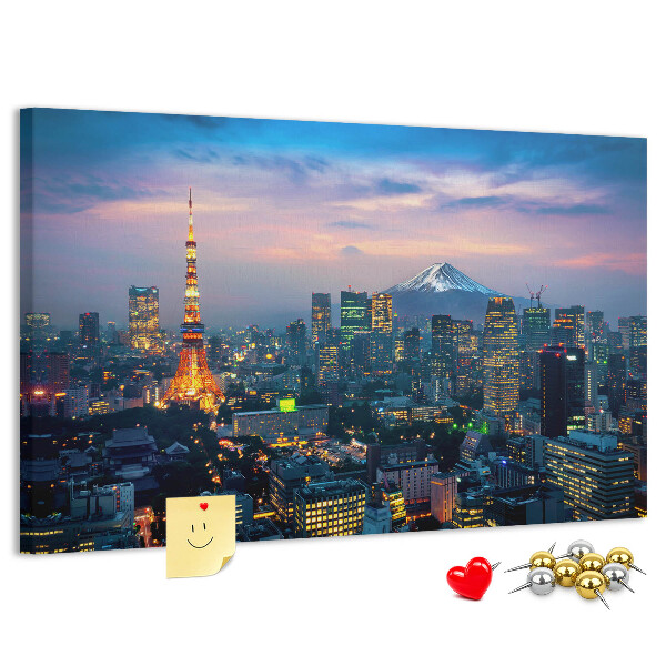 Pizarra de corcho con diseño de puesta de sol sobre Tokio y el monte Fuji