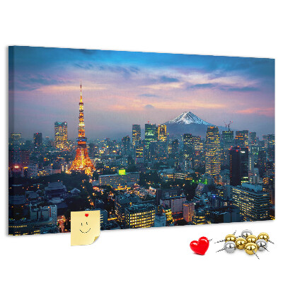 Pizarra de corcho con diseño de puesta de sol sobre Tokio y el monte Fuji