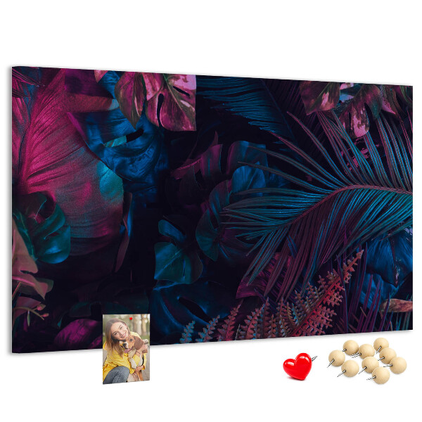 Tablero de corcho decorativo con diseño de hojas tropicales en colores intensos