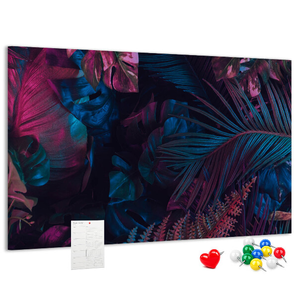 Tablero de corcho decorativo con diseño de hojas tropicales en colores intensos