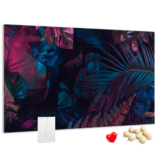 Tablero de corcho decorativo con diseño de hojas tropicales en colores intensos