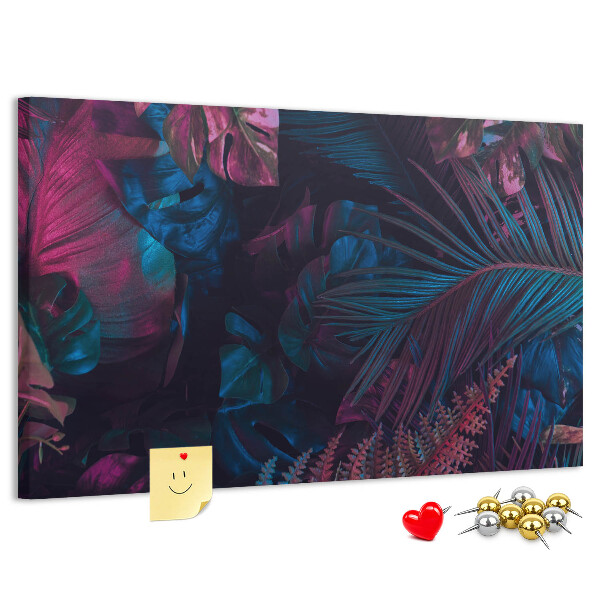 Tablero de corcho decorativo con diseño de hojas tropicales en colores intensos