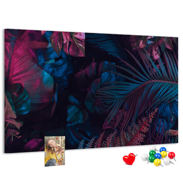 Tablero de corcho decorativo con diseño de hojas tropicales en colores intensos
