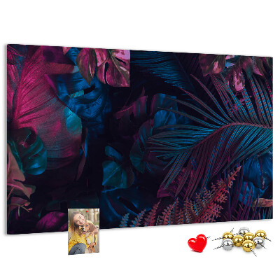 Tablero de corcho decorativo con diseño de hojas tropicales en colores intensos