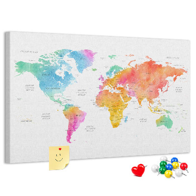 Tablero de corcho decorado Mapa del mundo a color en acuarela.