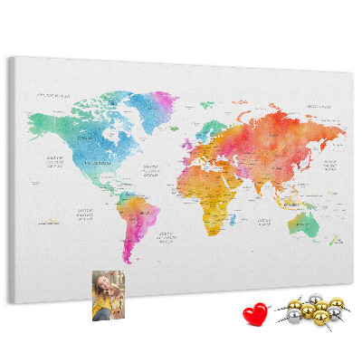 Tablero de corcho decorado con diseño de mapa del mundo en acuarela