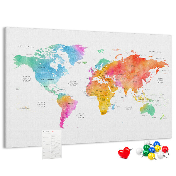 Tablero de corcho decorado con diseño de mapa del mundo en acuarela