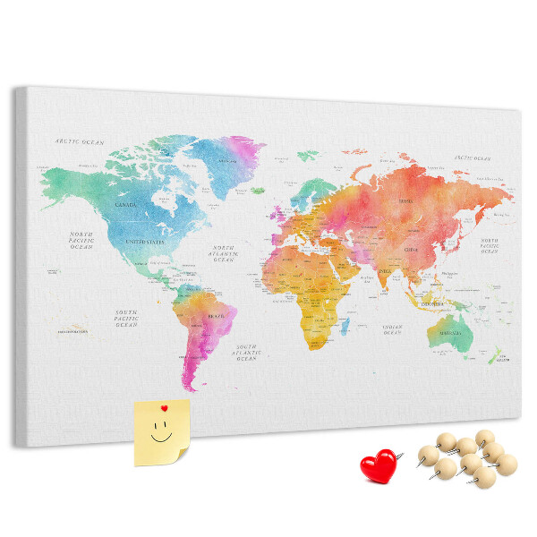 Tablero de corcho decorado con diseño de mapa del mundo en acuarela