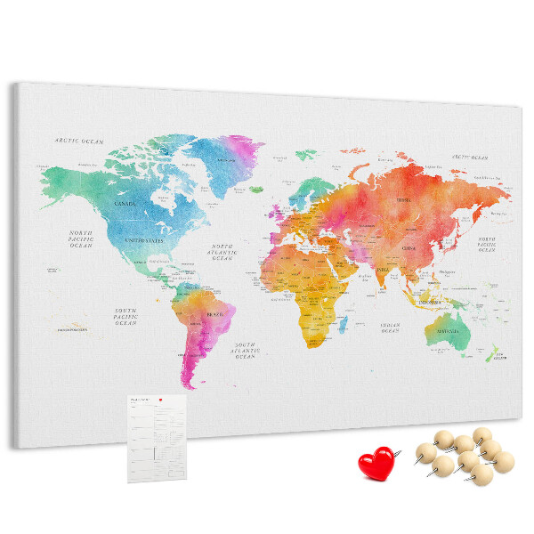 Tablero de corcho decorado con diseño de mapa del mundo en acuarela