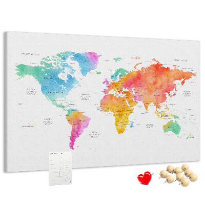 Tablero de corcho decorado con diseño de mapa del mundo en acuarela