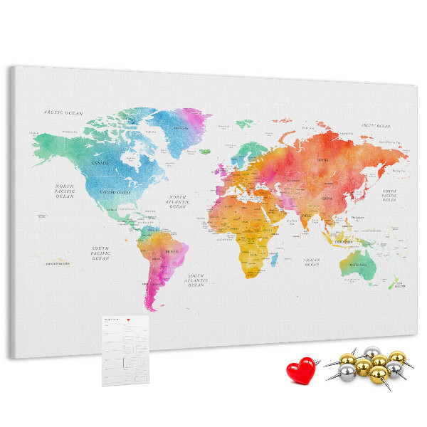 Tablero de corcho decorado con diseño de mapa del mundo en acuarela