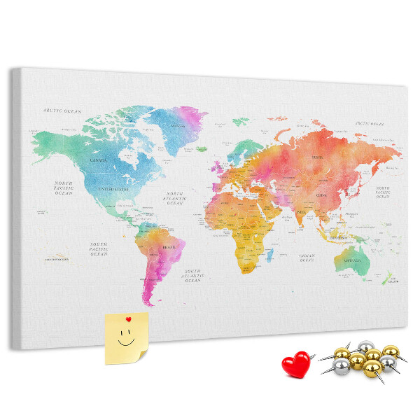 Tablero de corcho decorado con diseño de mapa del mundo en acuarela