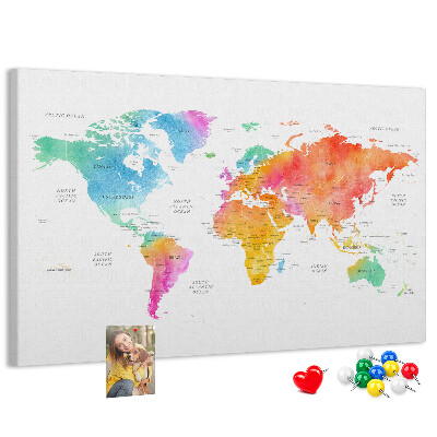 Tablero de corcho decorado con diseño de mapa del mundo en acuarela