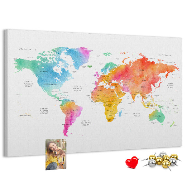 Tablero de corcho decorado con diseño de mapa del mundo en acuarela
