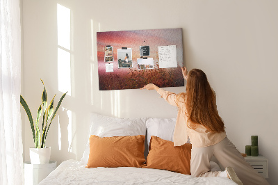 Tablero de anuncios con diseño de puesta de sol sobre un campo de hierba