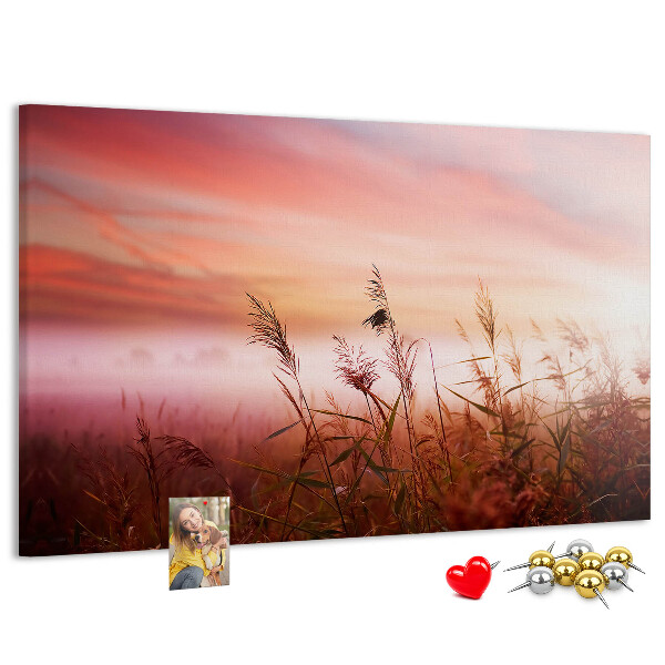Tablero de anuncios con diseño de puesta de sol sobre un campo de hierba