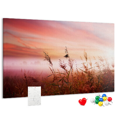 Tablero de anuncios con diseño de puesta de sol sobre un campo de hierba