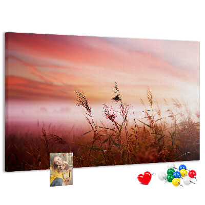 Tablero de anuncios con diseño de puesta de sol sobre un campo de hierba