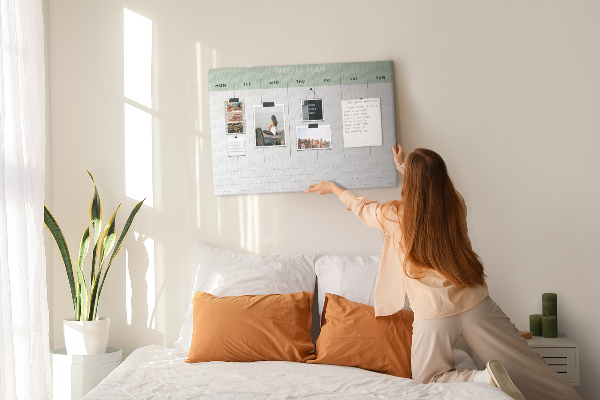 Pizarra de corcho con diseño de plan semanal y secciones claras
