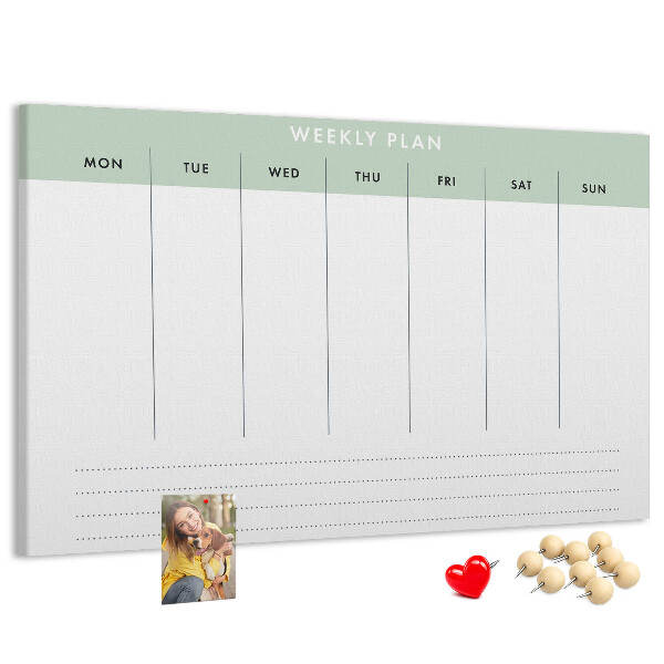 Pizarra de corcho con diseño de plan semanal y secciones claras