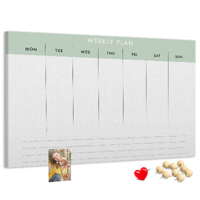 Pizarra de corcho con diseño de plan semanal y secciones claras