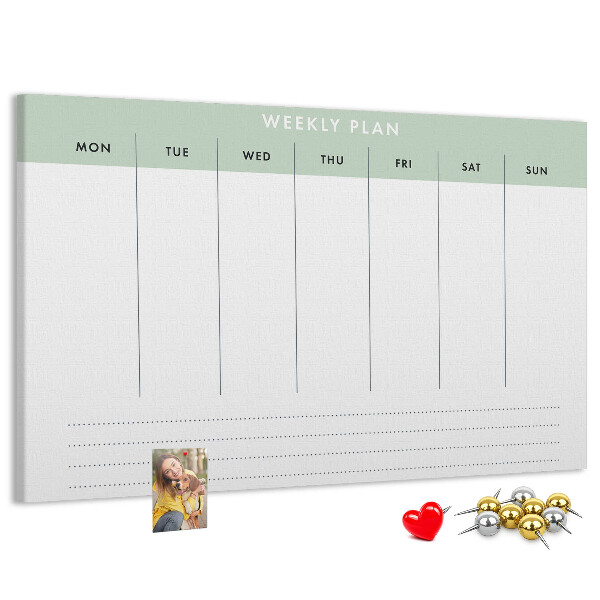 Pizarra de corcho con diseño de plan semanal y secciones claras