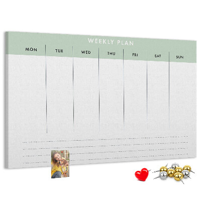 Pizarra de corcho con diseño de plan semanal y secciones claras