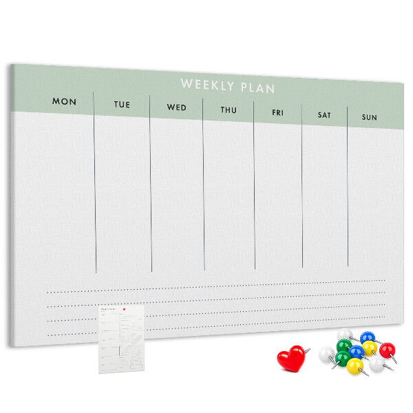 Pizarra de corcho con diseño de plan semanal y secciones claras