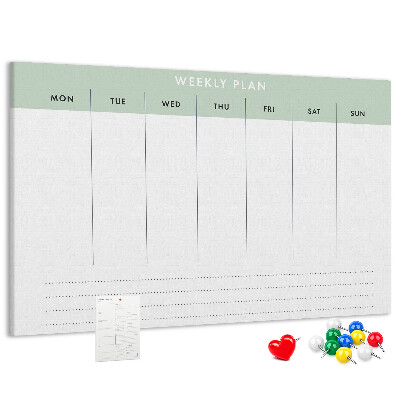 Pizarra de corcho con diseño de plan semanal y secciones claras