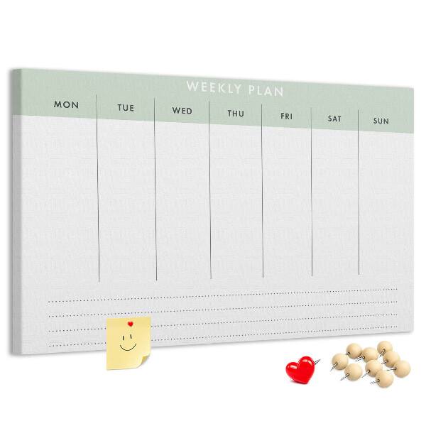 Pizarra de corcho con diseño de plan semanal y secciones claras