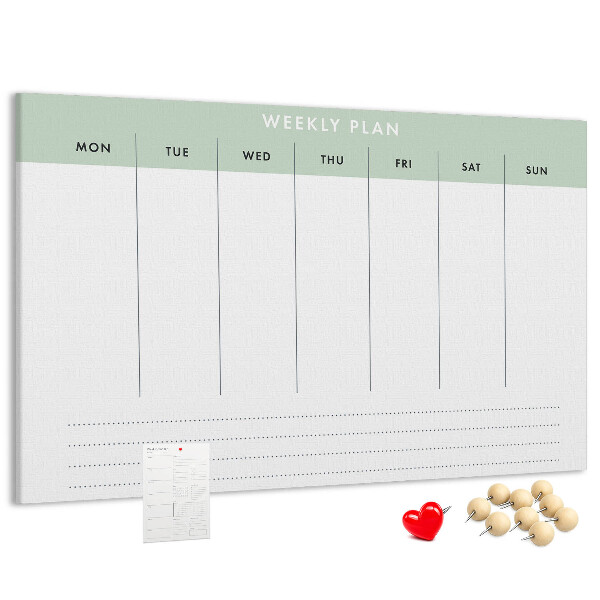 Pizarra de corcho con diseño de plan semanal y secciones claras