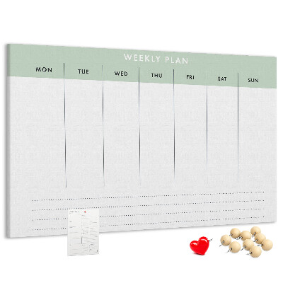 Pizarra de corcho con diseño de plan semanal y secciones claras