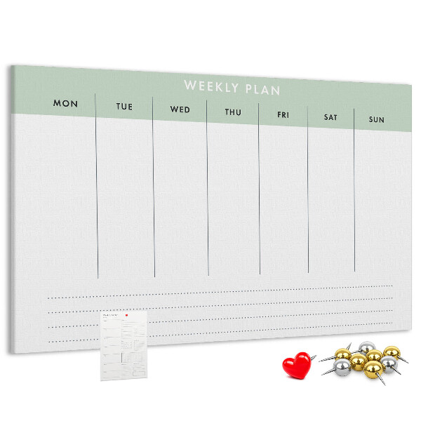 Pizarra de corcho con diseño de plan semanal y secciones claras