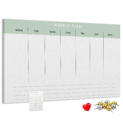 Pizarra de corcho con diseño de plan semanal y secciones claras