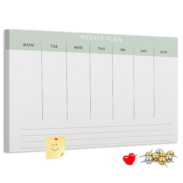 Pizarra de corcho con diseño de plan semanal y secciones claras
